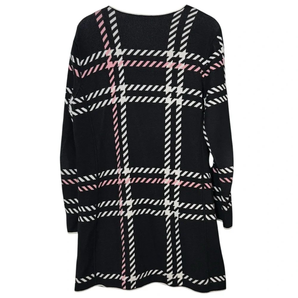 Talbots Checkered Plaid Knit Coatigan Long Knit Sweater Coat Size L Snap Close